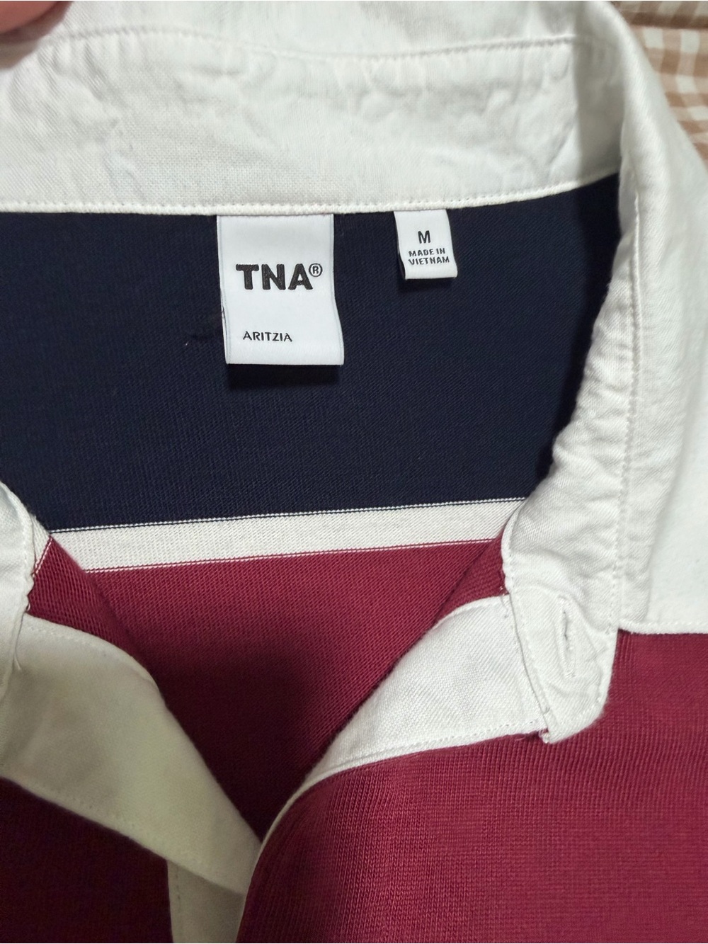Aritzia Striped Rugby Shirt in Navy, Burgundy & White - Picture 5 of 6